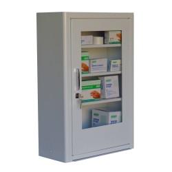 Cabinet de premiers soins mural en métal avec porte vitrée et serrure à 2 clés.