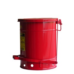 Container for oily or solvent-soaked rags, 10 gallons, with pedal, approved FM, UL, OSHA.