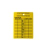 Yellow plastic monthly inspection tag for fire extinguishers, labelling in French, covering 4 years.