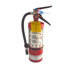 Étiquette d’inspection mensuelle en plastique jaune pour extincteurs portatifs, en français, couvrant 4 ans.