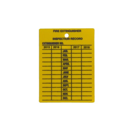 Yellow plastic monthly inspection tag for fire extinguishers, labelling in English, covering 4 years.