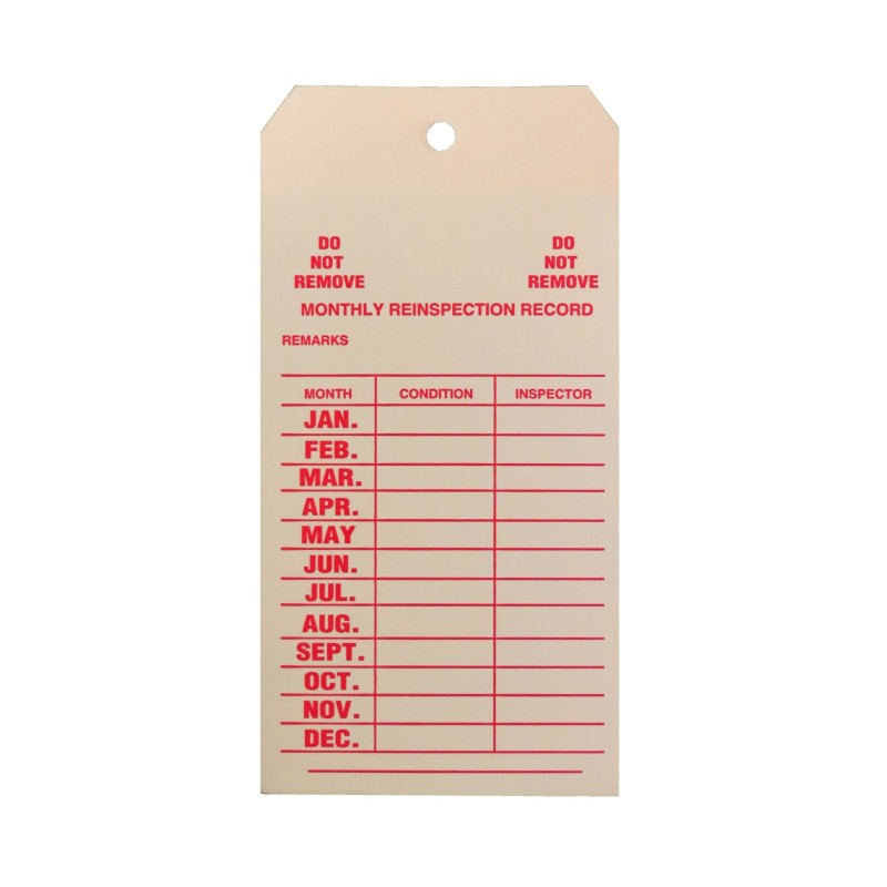 Cardstock monthly inspection tags, for fire extinguishers, labelling in French, covering 1 year.