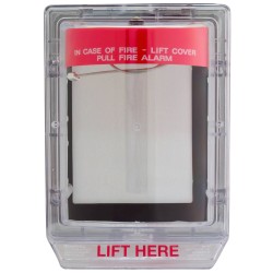 Weather Stopper® clear polycarbonate cover without horn, but with English labelling for surface mounted manual pull stations