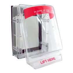 Weather Stopper® clear polycarbonate cover without horn, but with English labelling for surface mounted manual pull stations
