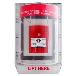 Weather Stopper® clear polycarbonate cover without horn, but with English labelling for surface mounted manual pull stations