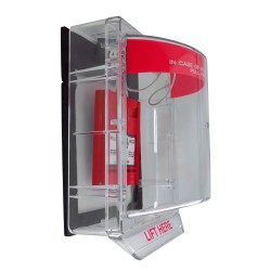 Weather Stopper® clear polycarbonate cover without horn, but with English labelling for surface mounted manual pull stations