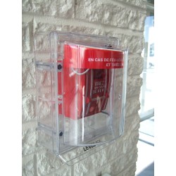 Stopper II® clear polycarbonate cover without horn, but with French labelling for surface mounted manual pull stations