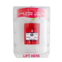 Stopper II® clear polycarbonate cover with a warning horn & English labelling for surface mounted manual pull stations