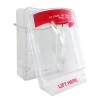 Stopper II® clear polycarbonate cover with a warning horn & English labelling for surface mounted manual pull stations