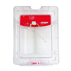 Stopper II® clear polycarbonate cover with a warning horn & English labelling for surface mounted manual pull stations