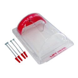Stopper II® clear polycarbonate cover without a horn, but with English labelling for flush mounted manual pull stations