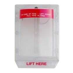 Stopper II® clear polycarbonate cover without a horn, but with English labelling for flush mounted manual pull stations