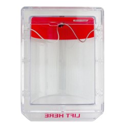Stopper II® clear polycarbonate cover without a horn, but with English labelling for flush mounted manual pull stations