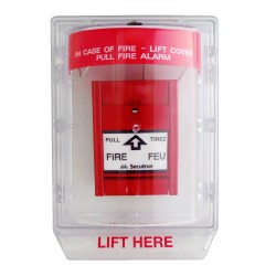 Stopper II® clear polycarbonate cover without a horn, but with English labelling for flush mounted manual pull stations