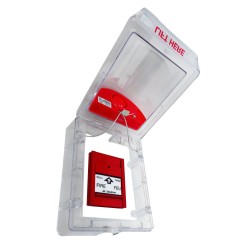 Stopper II® clear polycarbonate cover with a warning horn & English labelling for surface mounted manual pull stations