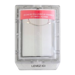 Weather Stopper® clear polycarbonate cover without horn, but with French labelling for surface mounted manual pull stations