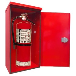 Surface-mounted outdoors steel fire cabinet for 10 lbs extinguishers.