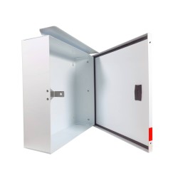 Steel box safety plan13 3/8 in W X 13 3/8 in H X 4 1/4 in. Fire safety plan box is made 18 gauge.
