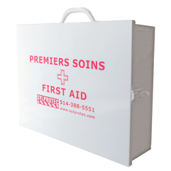 First aid kit with 30 types of items for daycare centers, compliant with Quebec regulation.
