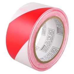 Striped warning adhesive tape, red and white 2 in X 48 ft (50 mm X 16 m). 