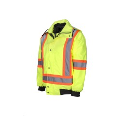 High-visibility 6-in-1 winter coat, fluorescent yellow with retroreflective stripes, CSA Z96-15 Class 2 Level 2.
