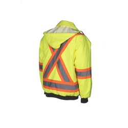 High-visibility 6-in-1 winter coat, fluorescent yellow with retroreflective stripes, CSA Z96-15 Class 2 Level 2.