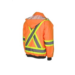 Manteau d’hiver haute visibilité 6-en-1 orange fluorescent à bandes rétroréfléchissantes, CSA Z96-15 classe 2 niveau 2.