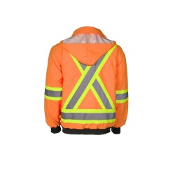 Manteau d’hiver haute visibilité 6-en-1 orange fluorescent à bandes rétroréfléchissantes, CSA Z96-15 classe 2 niveau 2.