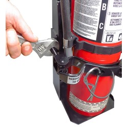 Box-type vehicle bracket for 20 lb portable fire extinguishers with 6 ¾ to 7 ¼ inches in diameter