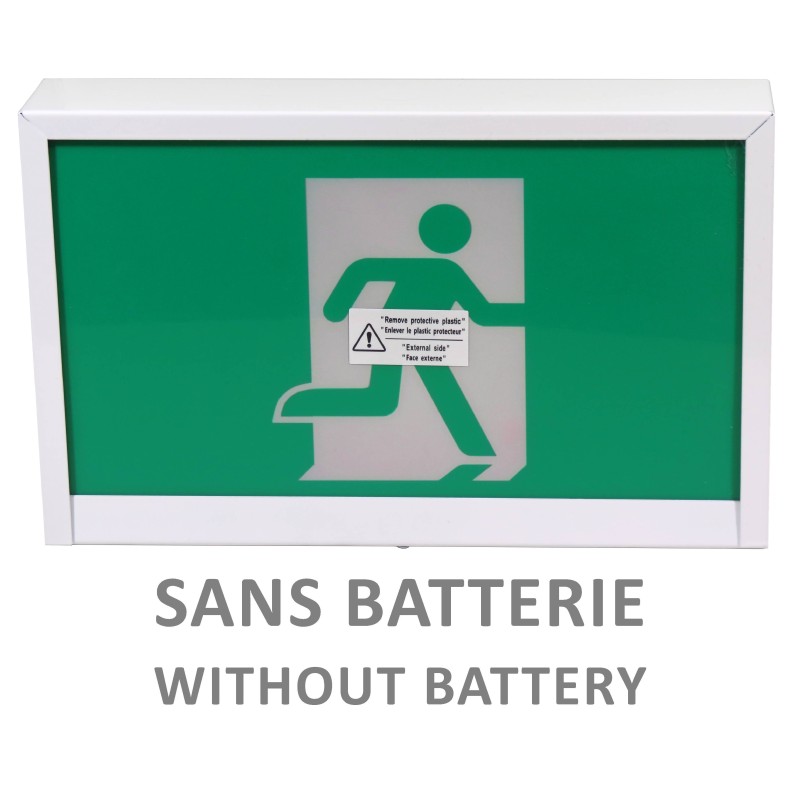 Enseigne avec pictogramme vert «personne qui court» pour sortie de secours, avec DEL, boîtier en métal, sans batterie