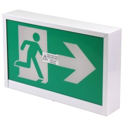 Enseigne avec pictogramme vert «personne qui court» pour sortie de secours, avec DEL, boîtier en métal, sans batterie