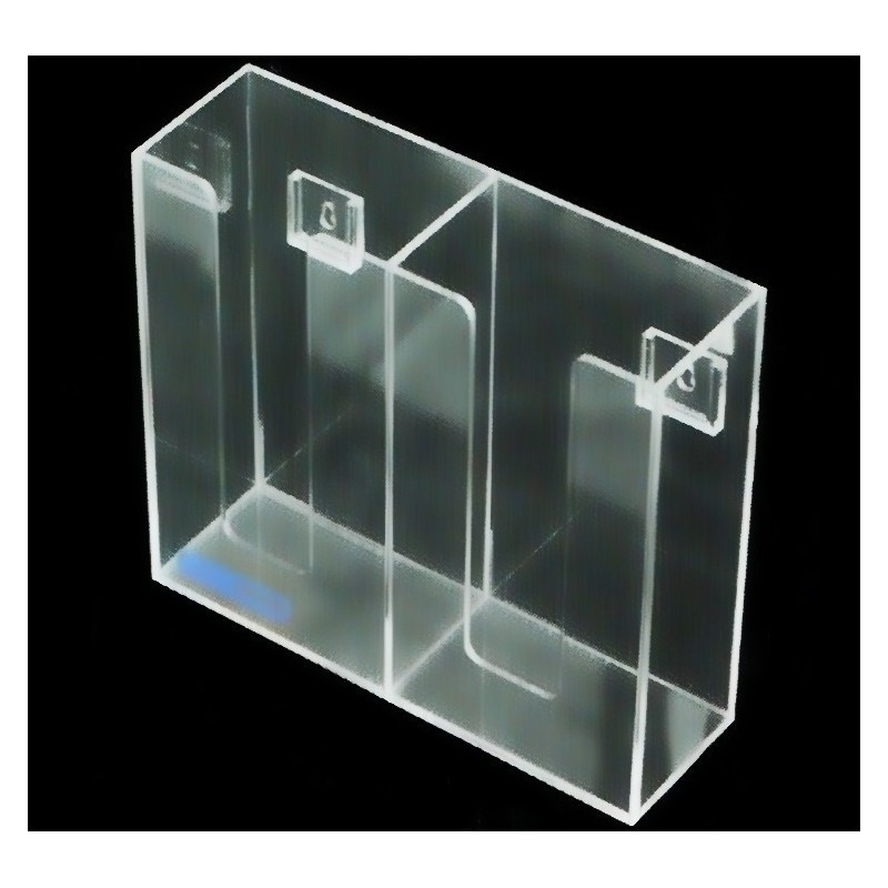 Clear acrylic glove box holder with 2 vertical bins, for wall mounting or table mounting.