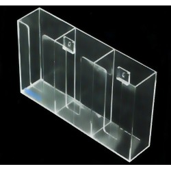 Clear acrylic glove box holder with 3 vertical bins, for wall mounting or table mounting.