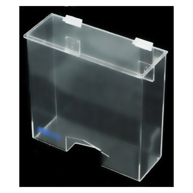 Distributeur en acrylique transparent avec couvercle plat et ouverture rectangulaire en bas pour filets à cheveux.