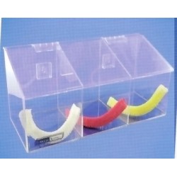 Distributeur en acrylique transparent à 3 compartiments avec couvercle incliné pour filets à cheveux.