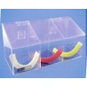 Clear acrylic hairnet dispenser with 3 bins and slanted hinged lid, for wall mounting or table mounting.