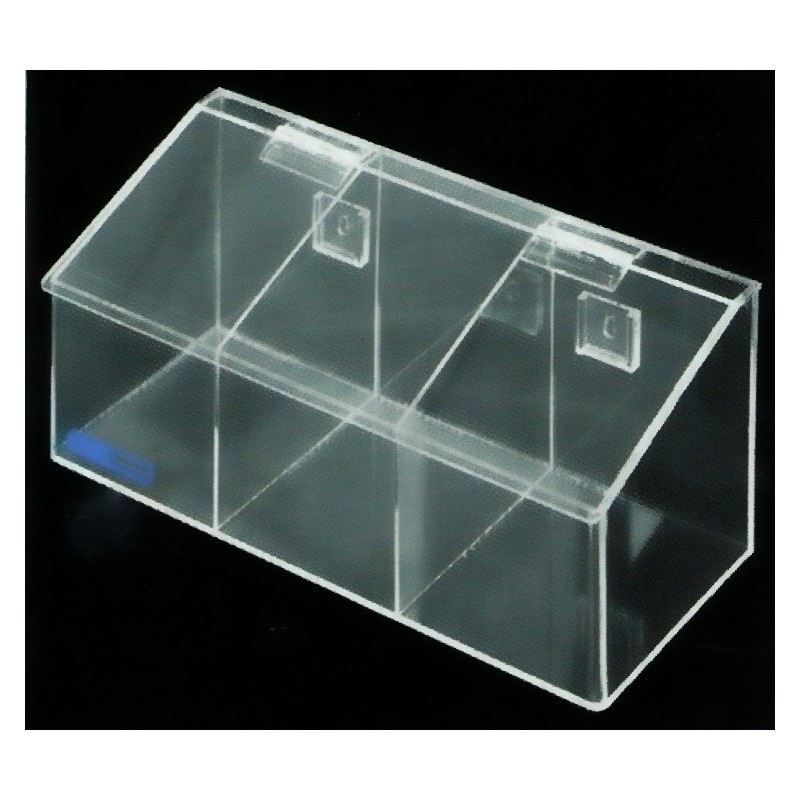 Distributeur en acrylique transparent à 3 compartiments avec couvercle incliné pour filets à cheveux.