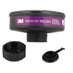 3M HEPA filter provided with a cap & a plug for 3M full facepiece mounted as Powerflow powered air purifying respirator system.