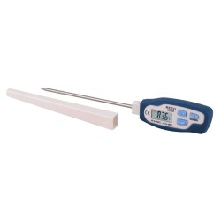 Stainless steel digital stem thermometer with LCD display, temperature range -40°C to 250°C (-40°F to 482°F).