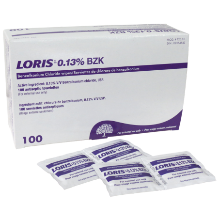 Benzalkonium chloride antiseptic pads, 100/box.