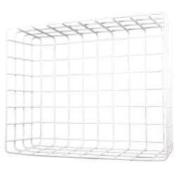 Wire mesh protective cage guard for emergency lights and other exposed equipment.