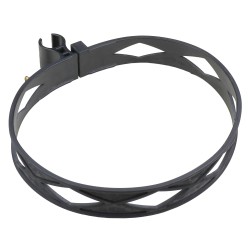 Heavy-duty black plastic extinguisher strap with hose clip, for Amerex Class D fire extinguishers.