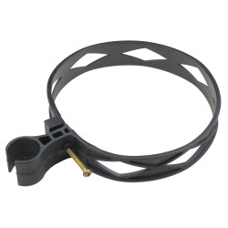 Heavy-duty black plastic extinguisher strap with hose clip, for 10 lbs & 15 lbs carbon dioxide (CO2) fire extinguishers.