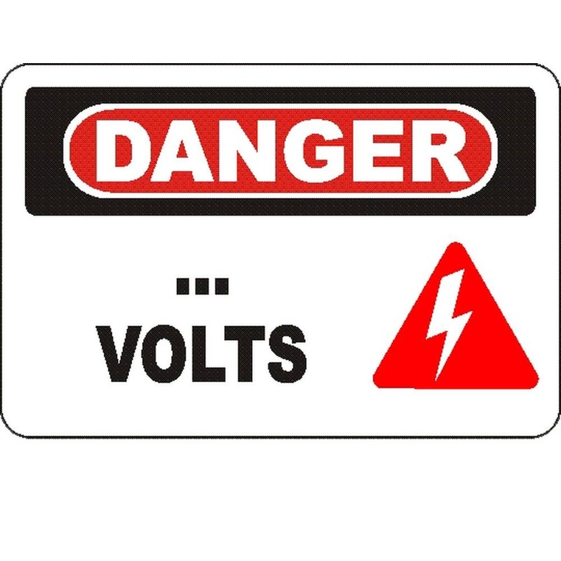 French OSHA “Danger… Volts” sign to be customized: various sizes, materials, languages & optional features