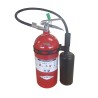 Heavy-duty black plastic extinguisher strap with hose clip, for 10 lbs & 15 lbs carbon dioxide (CO2) fire extinguishers.