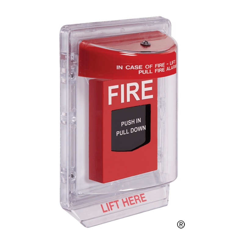 Stopper II® clear polycarbonate cover with a warning horn & English labelling for flush mounted manual pull stations
