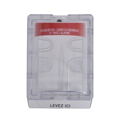 Stopper II® clear polycarbonate cover without horn, but with French labelling for surface mounted manual pull stations