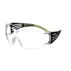 3M SF401SecureFit protective eyewear with anti-fog treated clear polycarbonate lenses with black temples w/ neon green accents