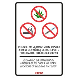Affiche bilingue « Interdiction de fumer, vapoter et de consommer du cannabis à moins de 9 mètres »  2 matériels disponibles.