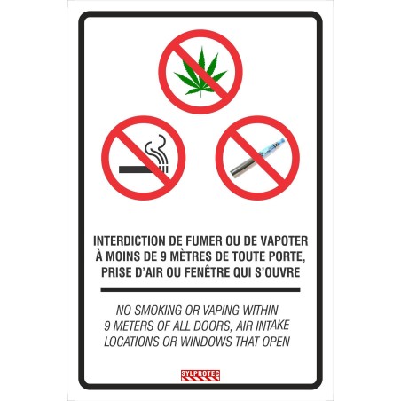 Bilingual sign "No smoking cigarette, vaping or using cannabis within 9 meters" available in two materials.